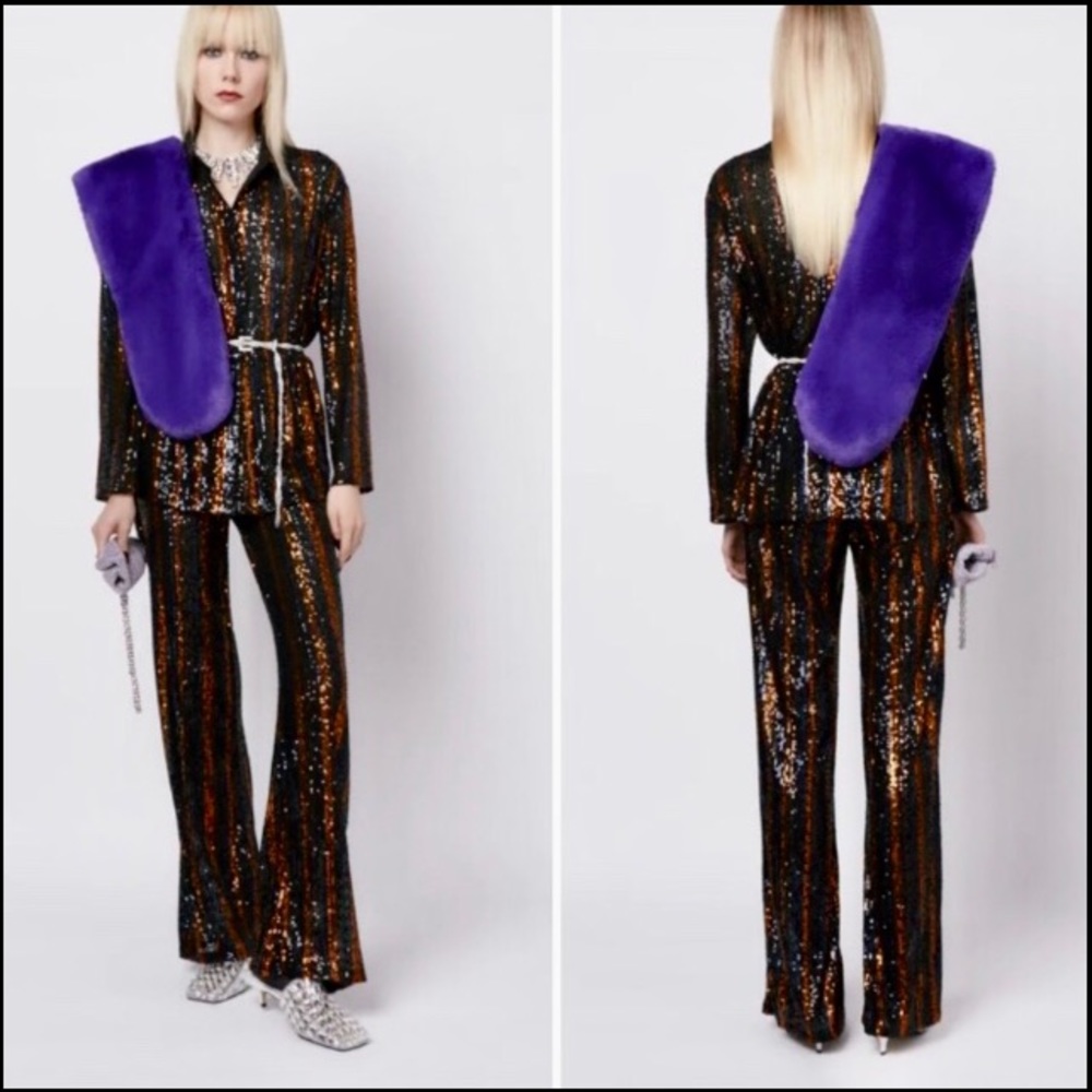 Zara The Abbey Flared Sequin Orange black striped pants sz.XS